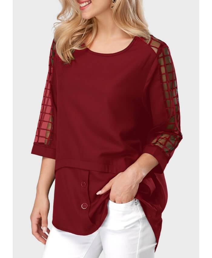 Asymmetric Hem Round Neck Mesh Panel Burgundy Blouse